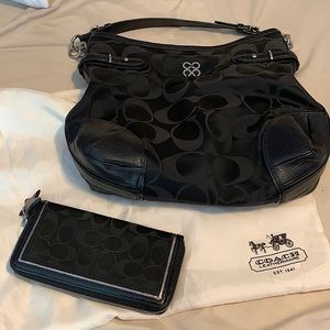 COACH Collette Signature Jacquard & Black Embossed Leather Hobo Handbag+Wallet